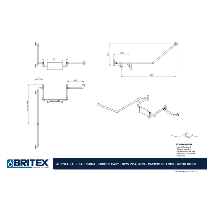 Vandal Resistant SS Backrest with 40° RHS Grab Rail Set | Britex